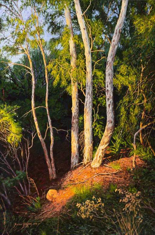 My Sanctuary, Where the Warm Trees Glow - Australian Landscape Oil Painting by Michael Hodgkins