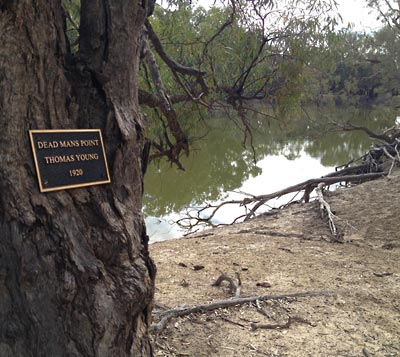 Plaque near the grave site of Thomas Young at Dead Mans Point, Viewmont Station, near Menindee on the Darling River, NSW.